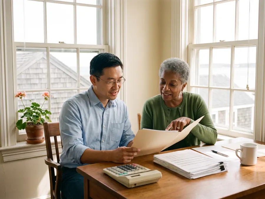 Accountant going over a client's folder in a small office