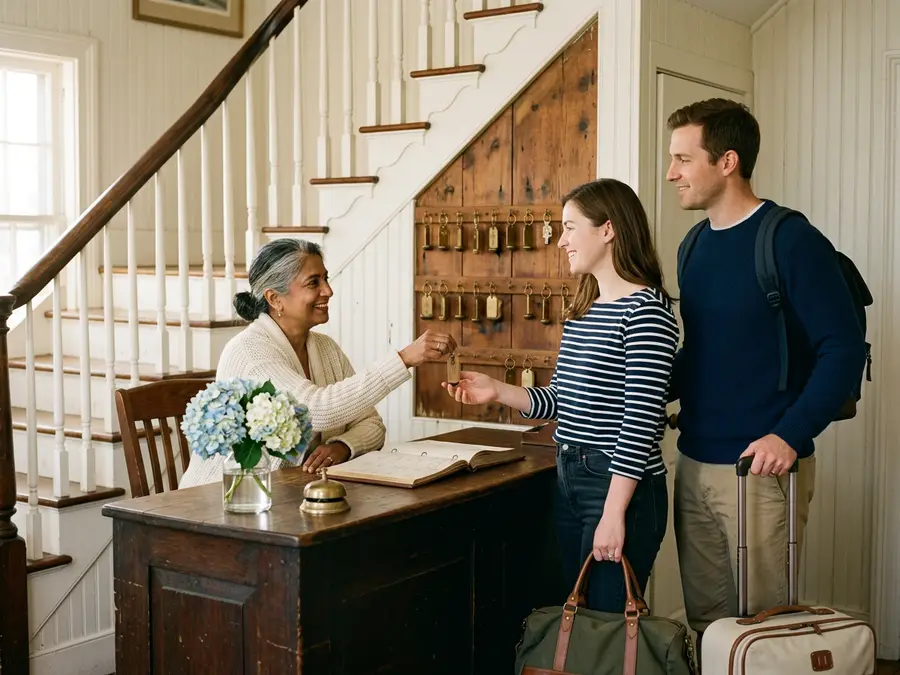 Guest checking in at a small inn