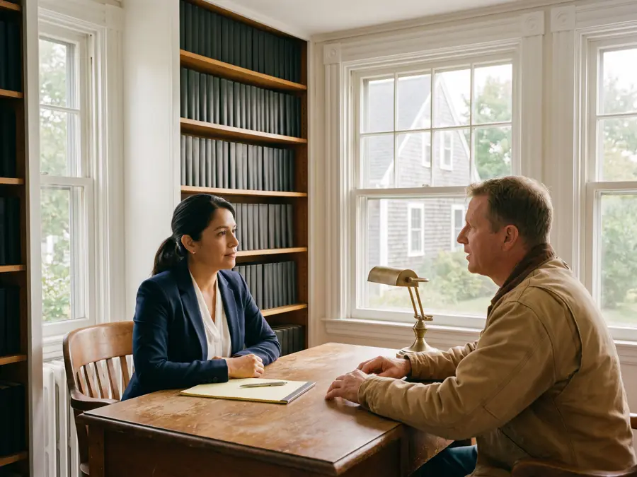 Attorney meeting a client in a small town law office