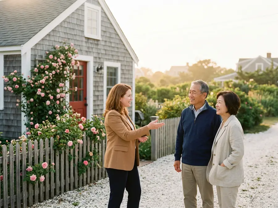 Agent showing a shingled cottage