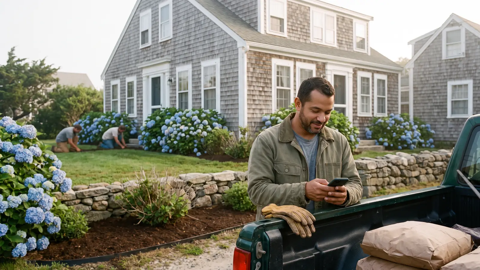 Rafael by his truck, smiling at his phone.