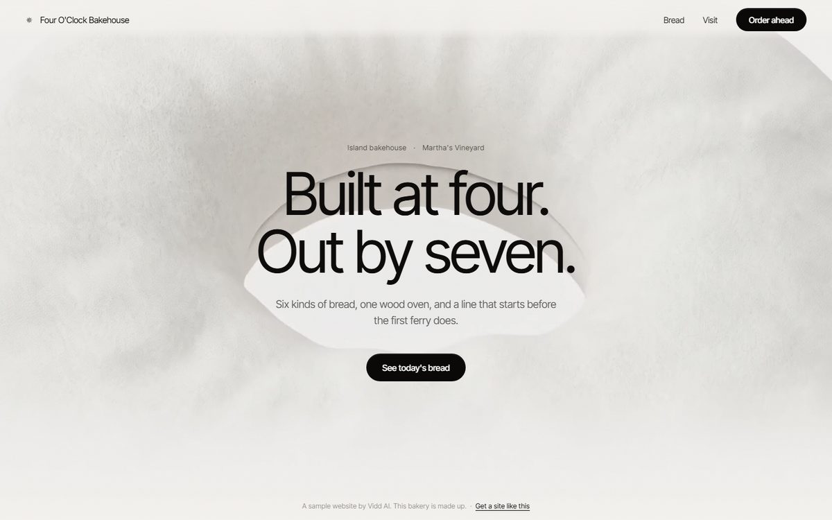 A sample bakery website with the words Built at four. Out by seven.