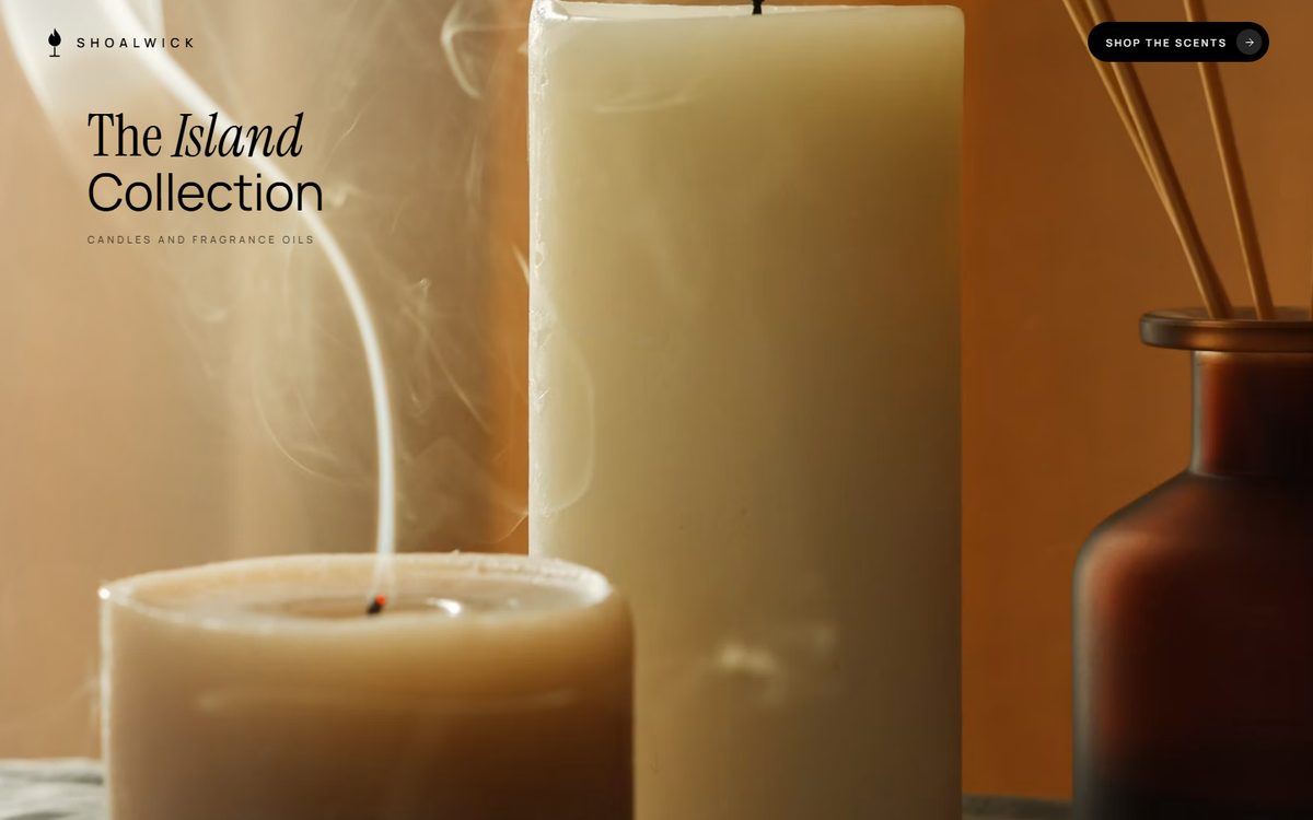 A sample candle shop website: candles with a curl of smoke under the words The Island Collection.