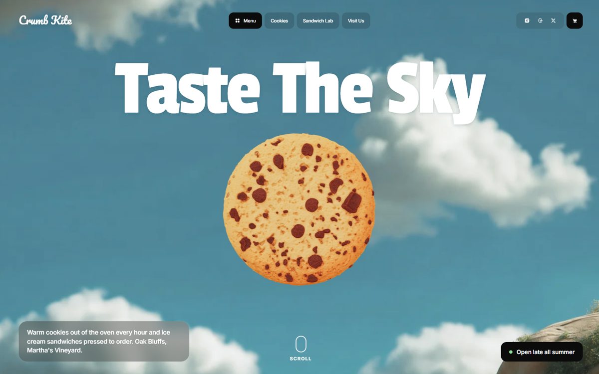 A sample cookie shop website: a chocolate chip cookie floating in a blue sky under the words Taste the sky.