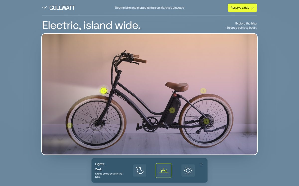A sample electric bike rental website: a bike with glowing points you tap to explore it.