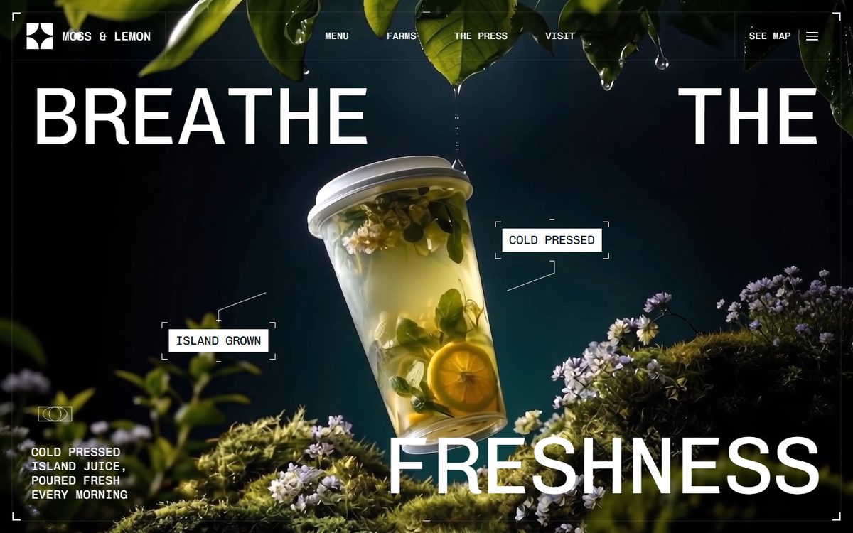 A sample juice bar website: a cup of lemon and herbs rising off moss under the words Breathe the freshness.